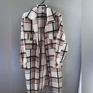 Black, White, Beige and Pink Long Plaid Shacket